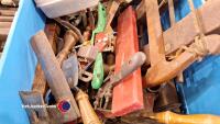 Box of vintage woodworking tools including set squares and clamps - 3