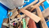 Box of vintage woodworking tools including set squares and clamps - 7