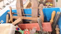 Box of vintage woodworking tools including set squares and clamps - 8