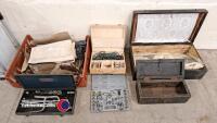 2 x wooden tool boxes, box of saw blades, socket set, tap and die set and a Bosch electric cutter