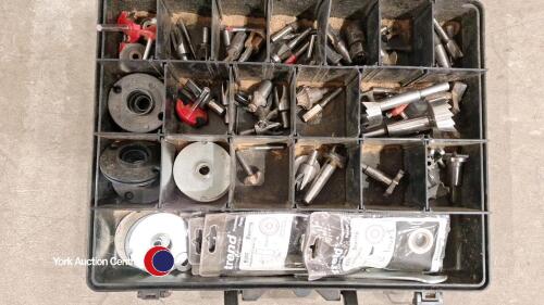 Quantity of garage tools, drill bits and sharpener, hand sander, angle grinder, exact cutter and sandpaper roll