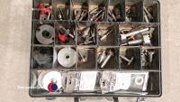 Quantity of garage tools, drill bits and sharpener, hand sander, angle grinder, exact cutter and sandpaper roll