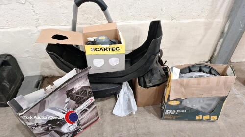Quantity of car accessories including car polisher, tyre pump, torch, wheel trims, bike rack and trailer mudguards