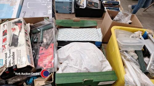 3 x boxes of assorted household and garage items including tile cutter and sink mixer taps