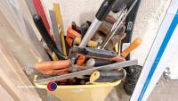 Box of assorted wood saws, spirit levels and other tools - 4