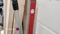 Box of assorted wood saws, spirit levels and other tools - 7