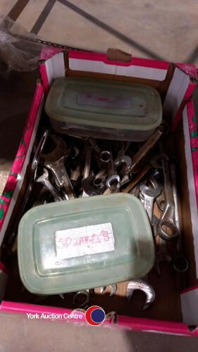 Box of spanners, large and small, metric, Whitworth, AF and bike spanners