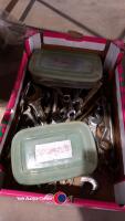 Box of spanners, large and small, metric, Whitworth, AF and bike spanners