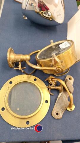 Vintage brass yacht search light, brass/glass porthole and other boat related Items