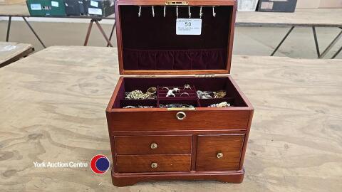 Wooden jewellery casket with contents