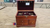 Wooden jewellery casket with contents