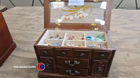 Antique wooden jewellery box with decorative glass top insert c/w contents