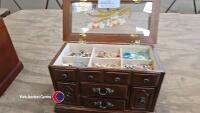 Antique wooden jewellery box with decorative glass top insert c/w contents