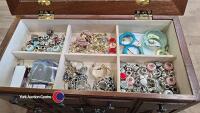 Antique wooden jewellery box with decorative glass top insert c/w contents - 2