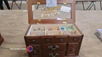 Antique wooden jewellery box with decorative glass top insert c/w contents - 3