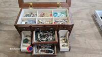 Antique wooden jewellery box with decorative glass top insert c/w contents - 4