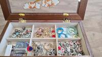 Antique wooden jewellery box with decorative glass top insert c/w contents - 5