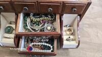 Antique wooden jewellery box with decorative glass top insert c/w contents - 6