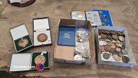Royal Mint ER11 coin set, 1977 with numerous Crowns, Churchill etc, sporting medals etc, and mixed coins, small quantity of pre 1947 silver, 1865 farthing and 1864 Guernsey 8 doubles etc