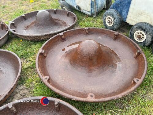 2 cast iron 'Mexican hat' pig feeders