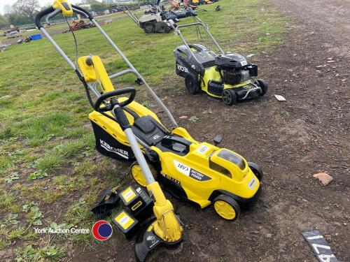Karcher cordless lawnmower and strimmer 2 battery a d charger