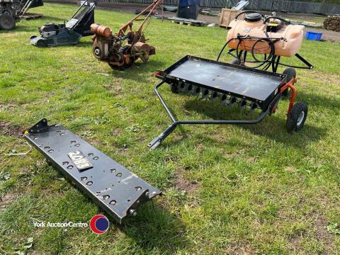 Agri-Fab sit on lawnmower, 14 gallon sprayer pump, 12v battery, plus 2 implements, wo
