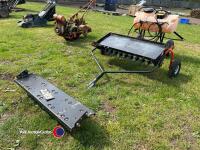 Agri-Fab sit on lawnmower, 14 gallon sprayer pump, 12v battery, plus 2 implements, wo