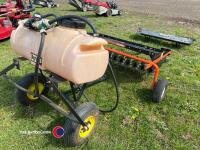 Agri-Fab sit on lawnmower, 14 gallon sprayer pump, 12v battery, plus 2 implements, wo - 4