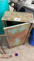 Green lockable medicine cabinet, key in office