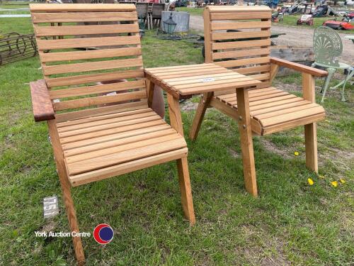 2 x solid oak garden chairs with side table