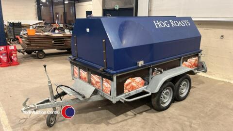 Hog roast machine (gas powered) L 2150mm x W 710mm x H 1000, has had very light use, comes with all stainless equipment and table, twin axle trailer (2.6m) and cover (pneumatic assisted opening) and electric winch