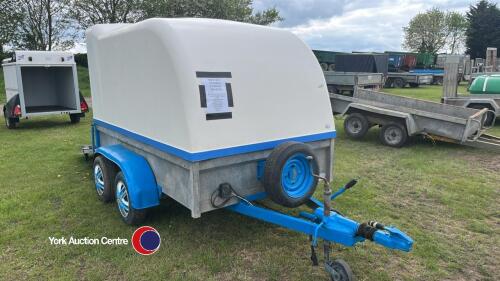 Box van/GP trailer, 8ft 4in L x 4ft 2in W x 4ft 4in H, removable top, double hinged ramp door, spare wheel, shoring poles, lights work, key in office