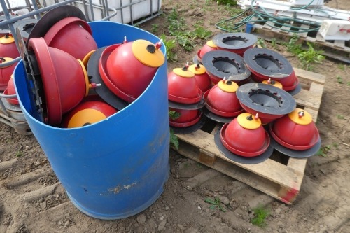 Pallet and bucket of hanging poultry drinkers
