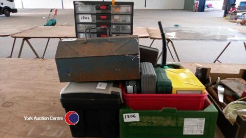Tool box with contents, box of garage items inc drill bits plus garage storage unit and metal tool box