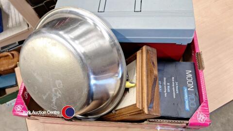 Box of assorted bric a brac inc clocks, binoculars and metal file box