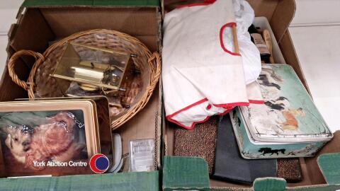 2 x boxes of bric a brac including a large carriage clock
