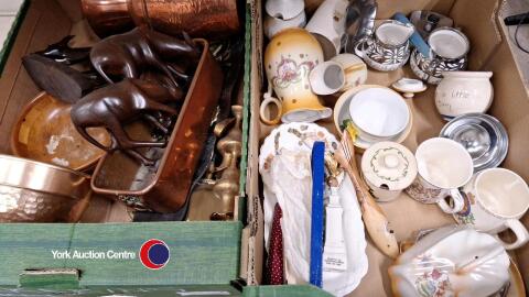 2 x boxes of assorted ornaments including a copper jug