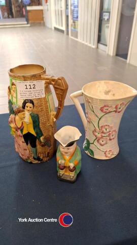 3 x vintage collectable pottery jugs including Denton toby jug, Maling and Fleslight Ware by Shorter and sons, Stoke on Trent depicting Sally In Our Alley