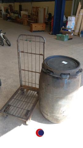 Metal trolly & plastic drum.