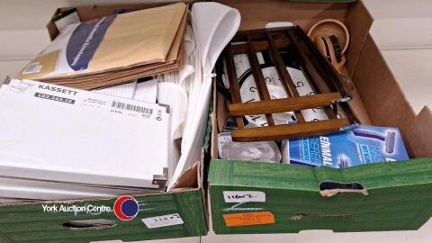2 x boxes of household items including stationary and clocks