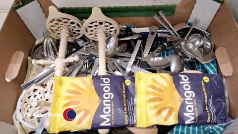 Box of assorted kitchen items including cutlery and utensils with flip top plastic bin