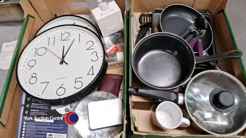 2 boxes of assorted household items including pans, kitchen utensils and clocks