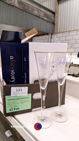Five pairs of celebration / wedding champagne flutes, new in boxes.