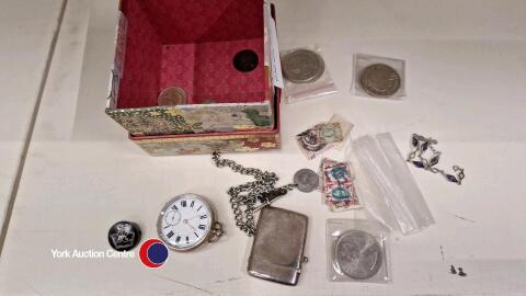 Box of collectables inc silver Vesta case and pocket watch