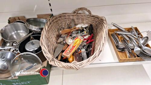 Box of assorted pans plus quantity of cutlery and utensils