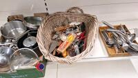 Box of assorted pans plus quantity of cutlery and utensils