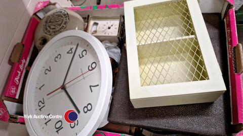 Box of household items inc carriage clocks and silver plate