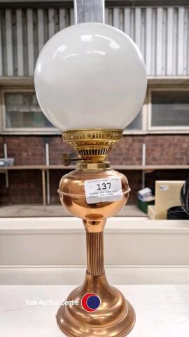 Copper oil lamp with funnel and shade