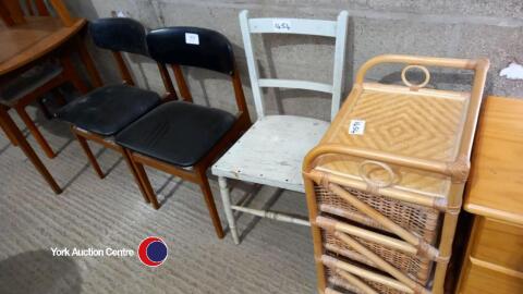 2 x Dining chairs, wood chair and wicker storage unit