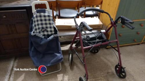 Coffee table with latted bath board, mobility walker and shopping trolley